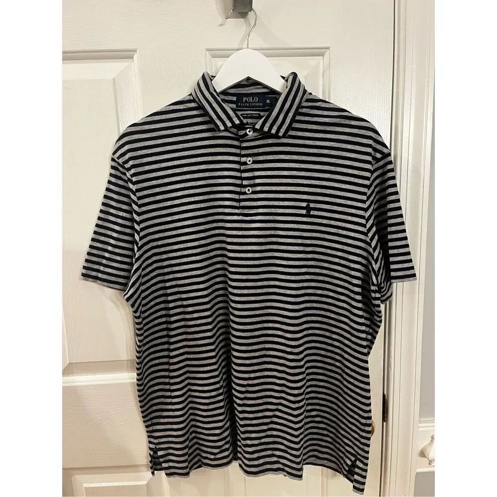 Polo Ralph Lauren Gray & Navy Stripe Pima Soft Touch Polo Shirt sz XL EUC